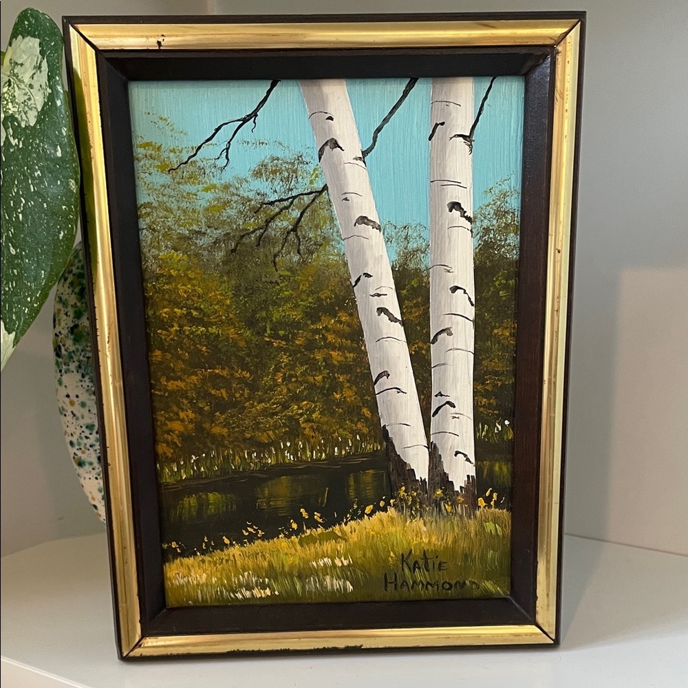 Vintage small Framed original oil painting of Birch Trees/forest scene